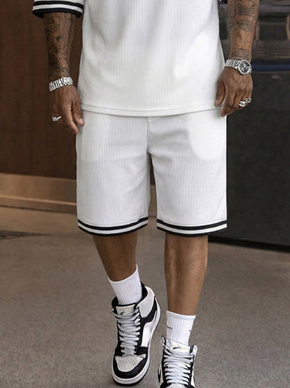 Athleisure Button Detail Ribbed Texture Shorts Set