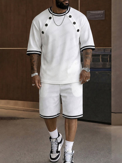 Athleisure Button Detail Ribbed Texture Shorts Set