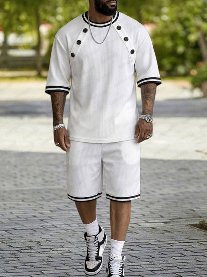 Athleisure Button Detail Ribbed Texture Shorts Set