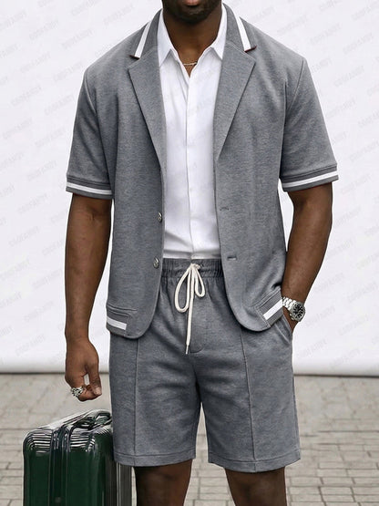 Summer Casual Short Sleeve Suit Jacket and Shorts Set