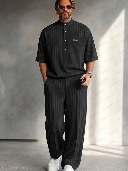 Urban Casual Pinstripe Henley Neck T-Shirt Set