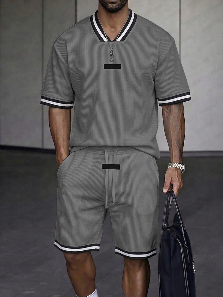 Classic Contrast Trim Textured Summer Casual Set