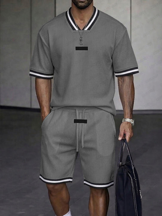 Classic Contrast Trim Textured Summer Casual Set