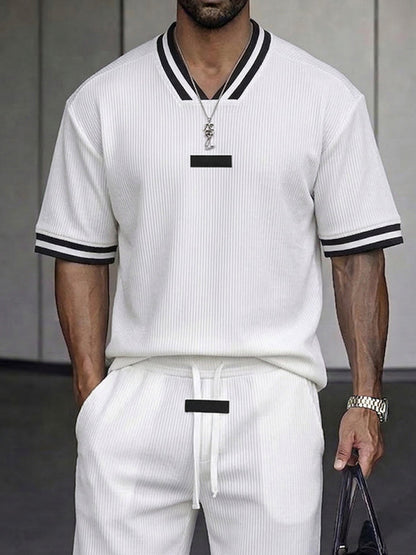 Classic Contrast Trim Textured Summer Casual Set