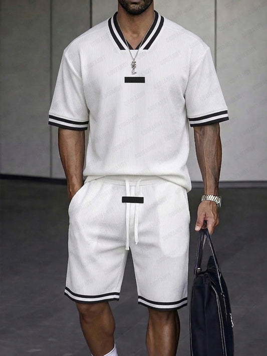 Classic Contrast Trim Textured Summer Casual Set