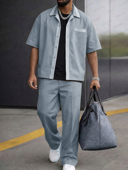 Casual Stripe Trim Shirt and Pants Set