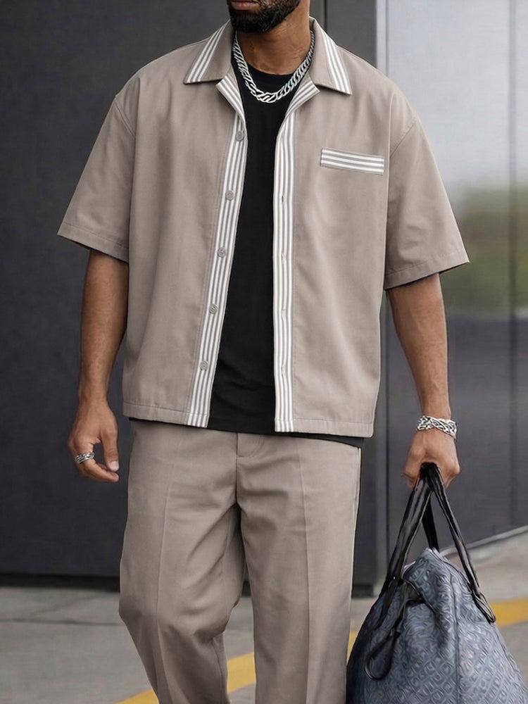 Casual Stripe Trim Shirt and Pants Set
