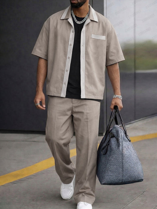 Casual Stripe Trim Shirt and Pants Set
