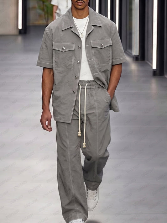 Casual Cuban Collar Utility Shirt Pants Set