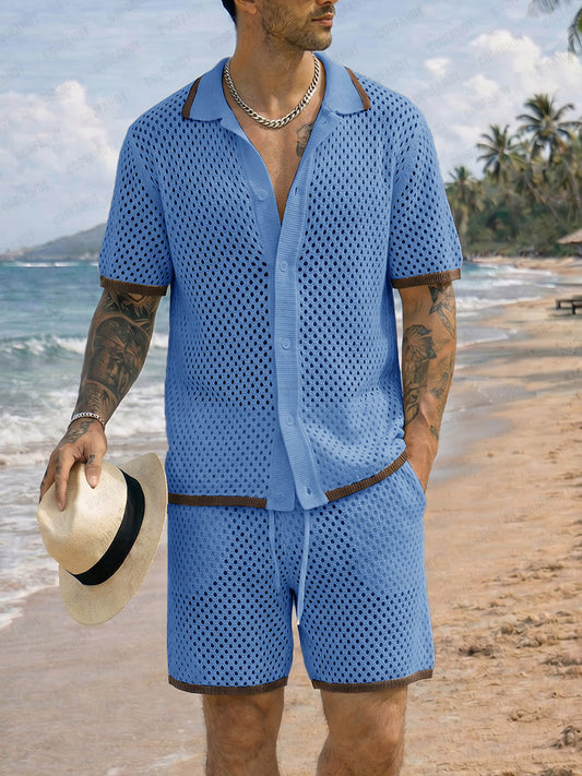 Summer Beach Crochet Knit Shirt Shorts Set