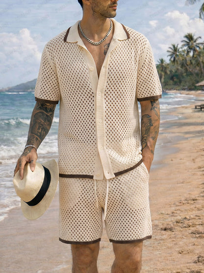 Summer Beach Crochet Knit Shirt Shorts Set