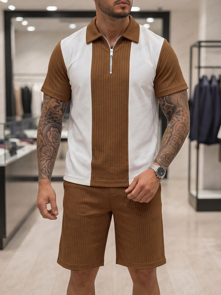 Stylish Contrast Panel Polo T-Shirt Set