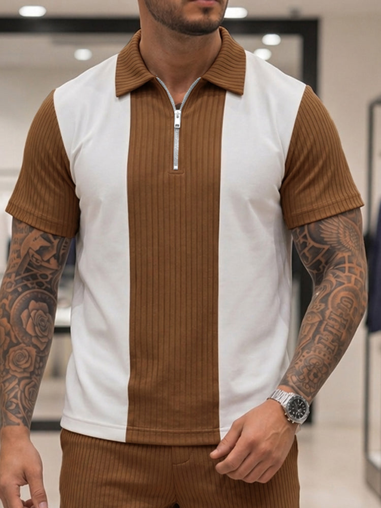Stylish Contrast Panel Polo T-Shirt Set