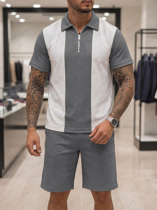 Stylish Contrast Panel Polo T-Shirt Set