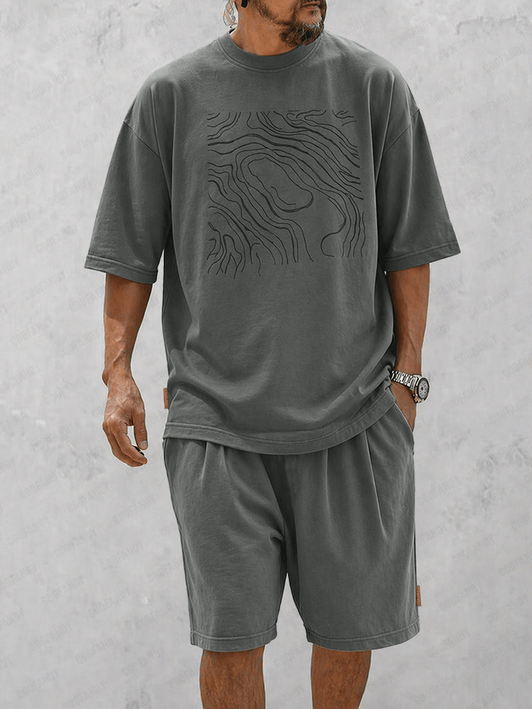 Casual Loose Curve Print T-Shirt Set