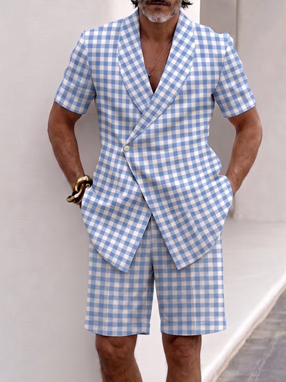 Summer Casual Plaid Short Sleeve Suit Set