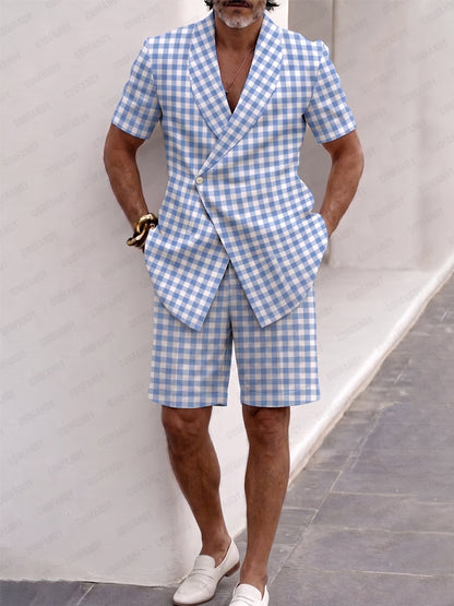 Summer Casual Plaid Short Sleeve Suit Set