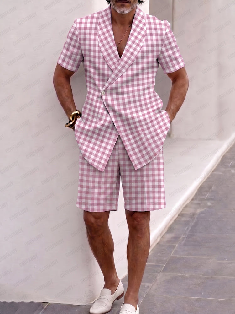 Summer Casual Plaid Short Sleeve Suit Set