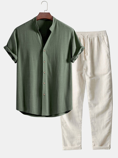 V-Neck Linen-Rayon Blend Shirt & Straight-Leg Linen Pants