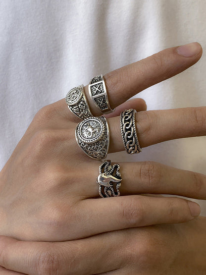 Retro Totem Design 5 Pcs Ring Set
