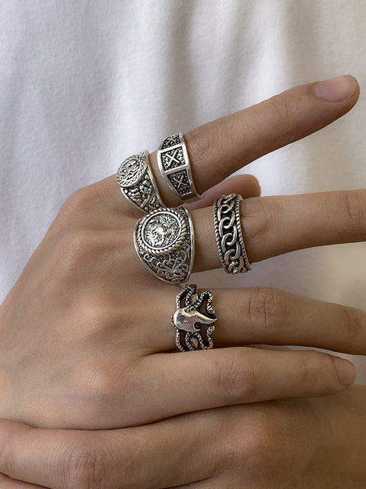 Retro Totem Design 5 Pcs Ring Set