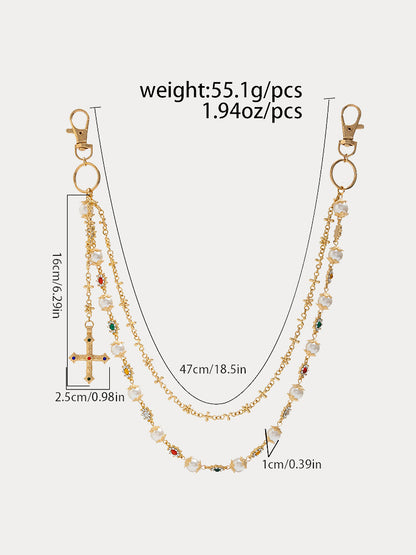 Streetwear Punk Rhinestone Cross Pendant Pants Chain