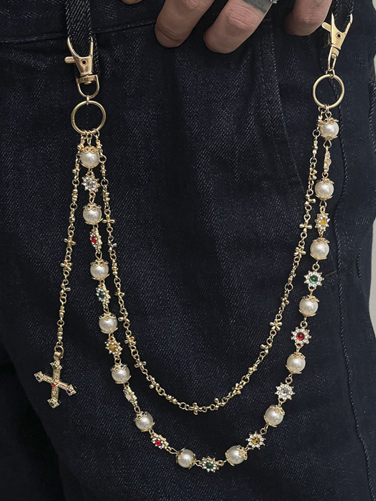 Streetwear Punk Rhinestone Cross Pendant Pants Chain