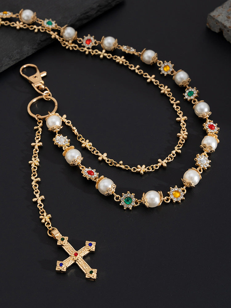 Streetwear Punk Rhinestone Cross Pendant Pants Chain