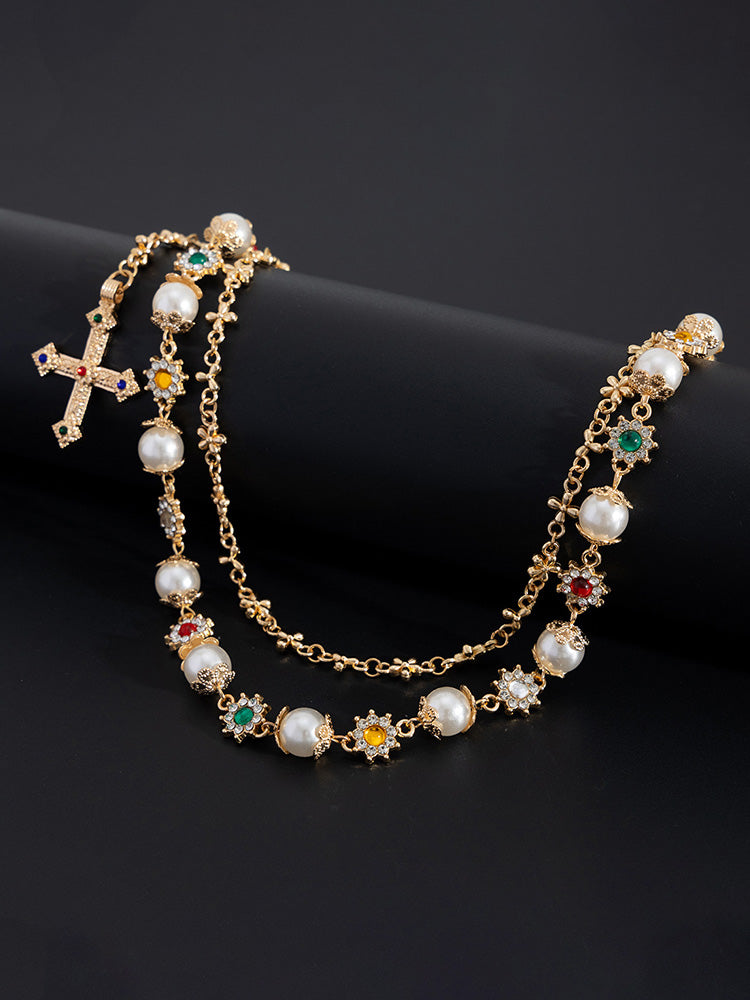 Streetwear Punk Rhinestone Cross Pendant Pants Chain