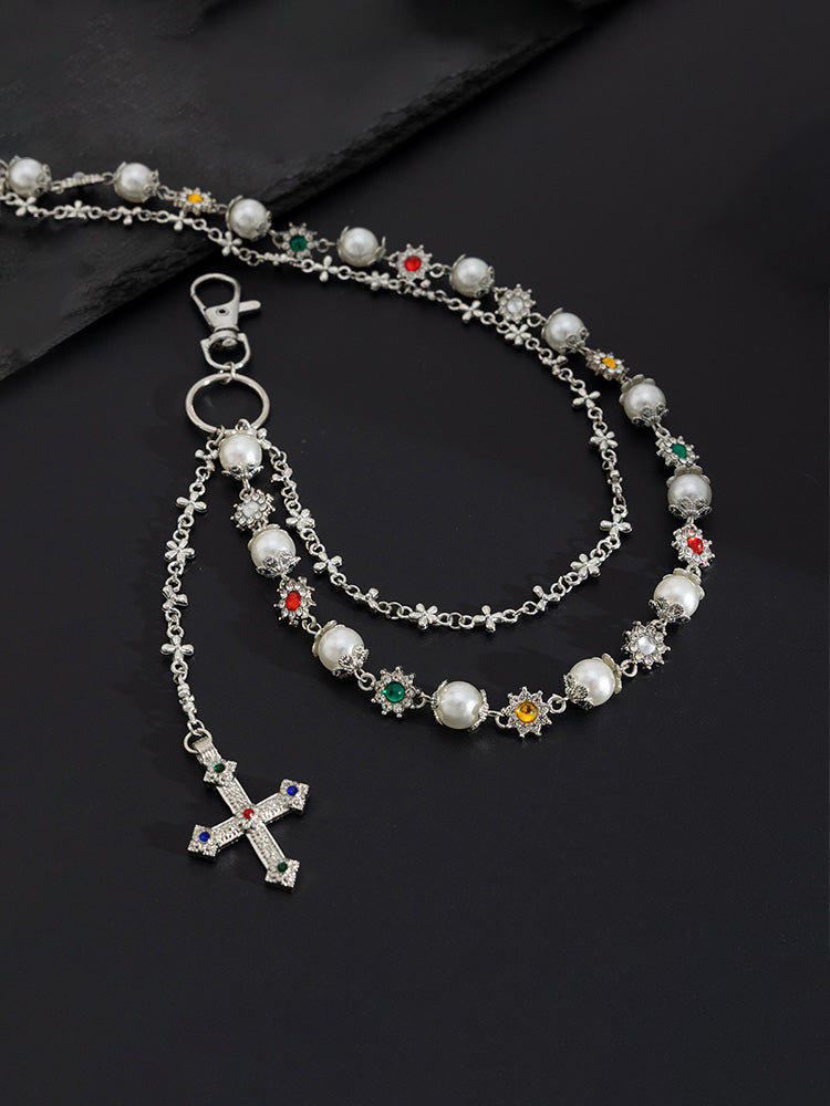 Streetwear Punk Rhinestone Cross Pendant Pants Chain