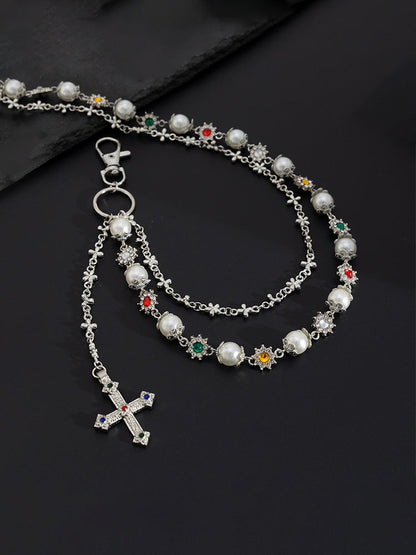 Streetwear Punk Rhinestone Cross Pendant Pants Chain