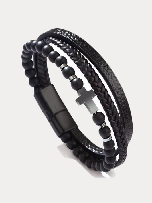 Multi-Layer Design Leather Cross Bracelet
