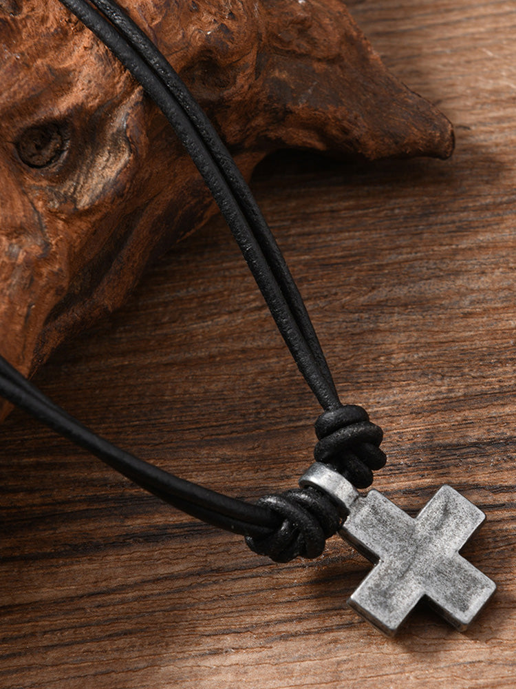 Vintage Cross Pendant Leather Necklace