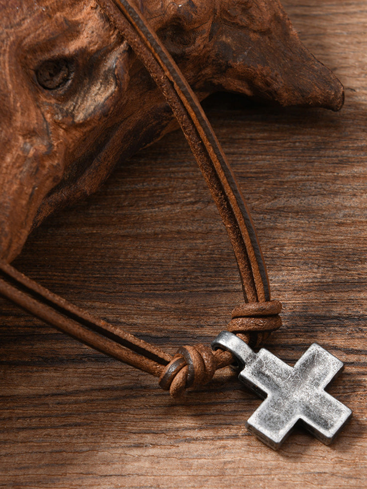 Vintage Cross Pendant Leather Necklace