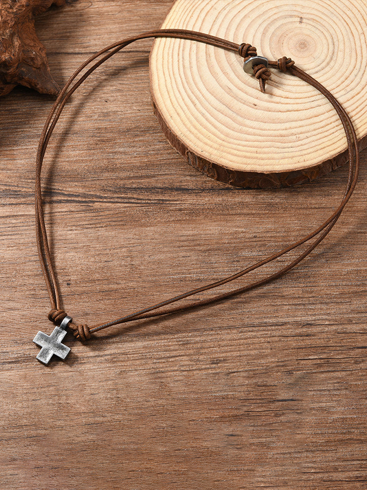 Vintage Cross Pendant Leather Necklace