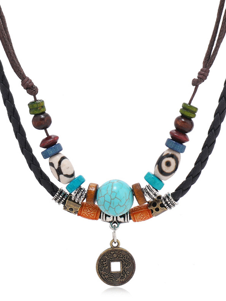 Boho Layered Turquoise Beaded Pendant Necklace