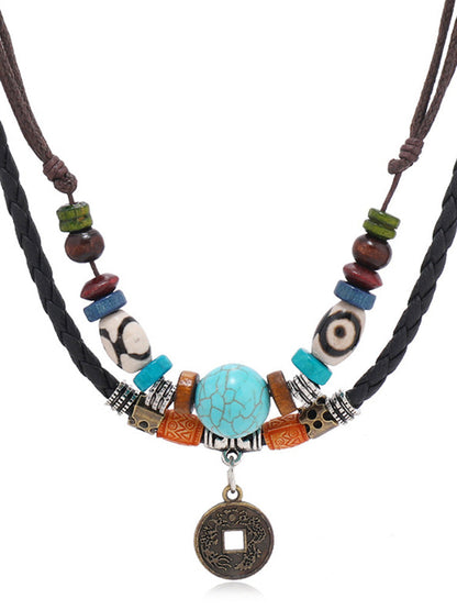 Boho Layered Turquoise Beaded Pendant Necklace