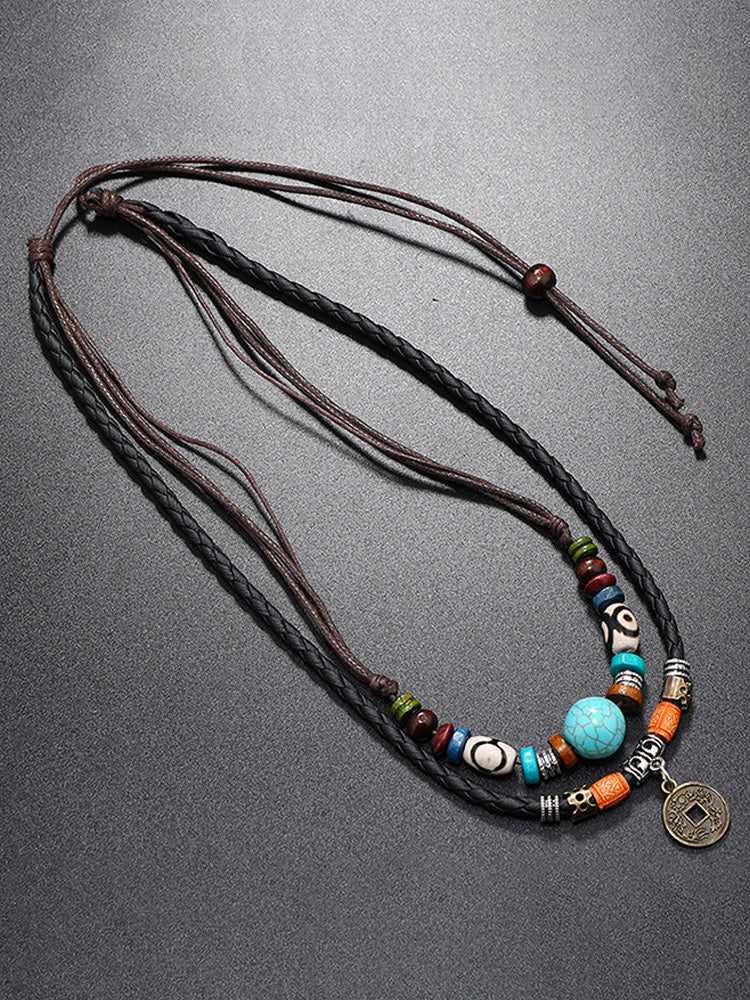 Boho Layered Turquoise Beaded Pendant Necklace