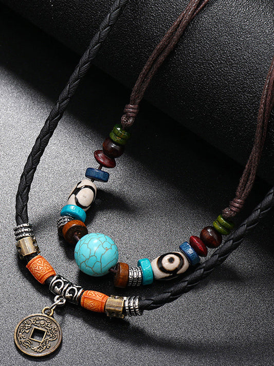 Boho Layered Turquoise Beaded Pendant Necklace