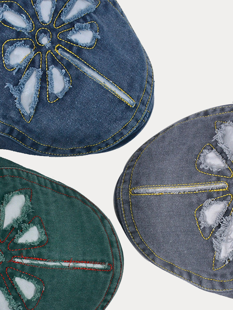 Unique Washed Ripped Denim Beret Hat