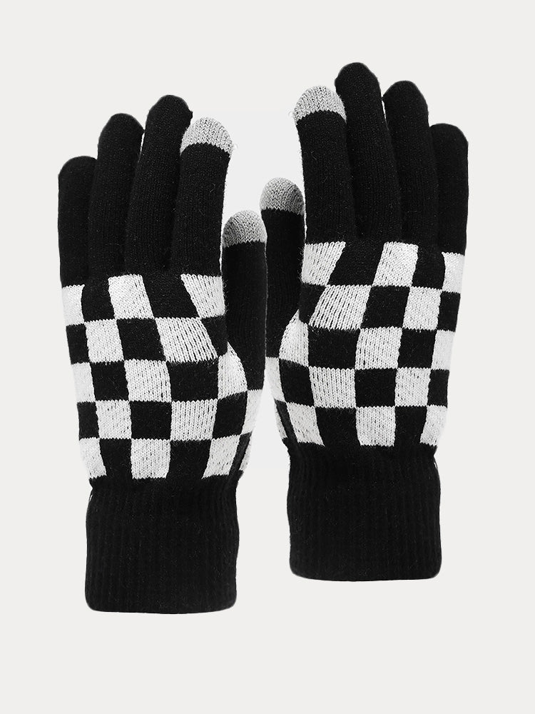 Cozy Checked Beanie Hat Scarf Gloves 3-in-1 Set