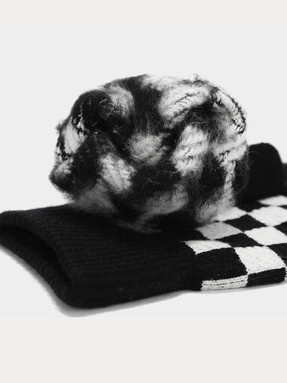 Cozy Checked Beanie Hat Scarf Gloves 3-in-1 Set