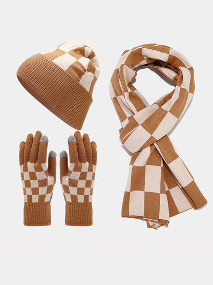 Cozy Checked Beanie Hat Scarf Gloves 3-in-1 Set