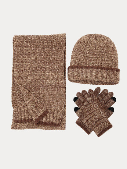 Two-Tone Knit Gloves Beanie Scarf 3-in-1 Set