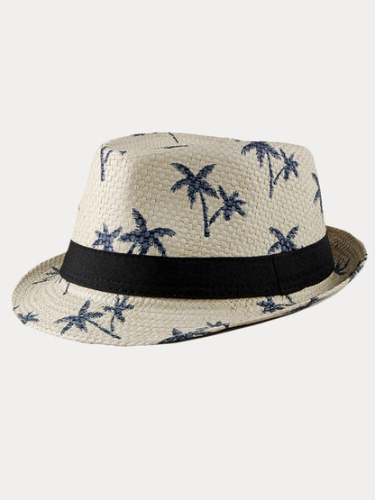 Vacation Coconut Tree Print Woven Straw Fedora Hat
