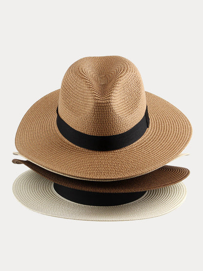 Wide Brim Sun Protection Woven Straw Fedora Hat