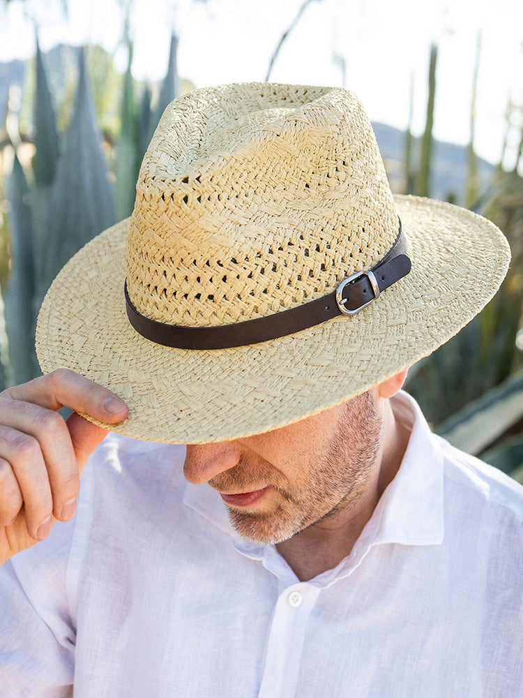 Classic Wide Brim Woven Straw Fedora Hat