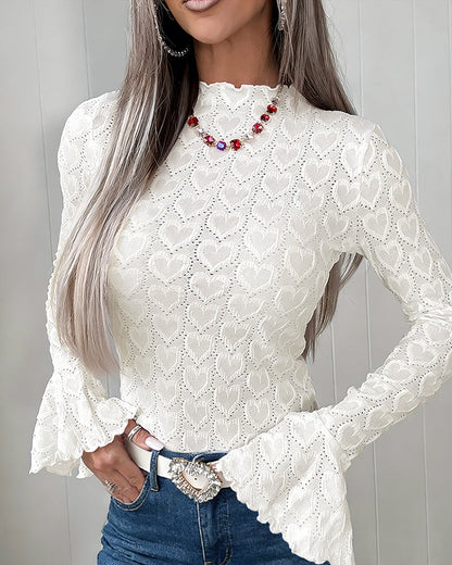 CHICME Women's Heart Jacquard Knit Top Mock Neck Long Sleeve Flare Cuff Slim Fit Blouse with Frill Trim and Hollow-out Details