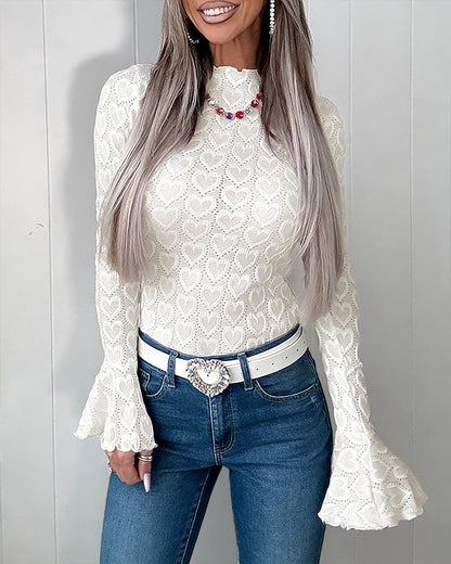 CHICME Women's Heart Jacquard Knit Top Mock Neck Long Sleeve Flare Cuff Slim Fit Blouse with Frill Trim and Hollow-out Details