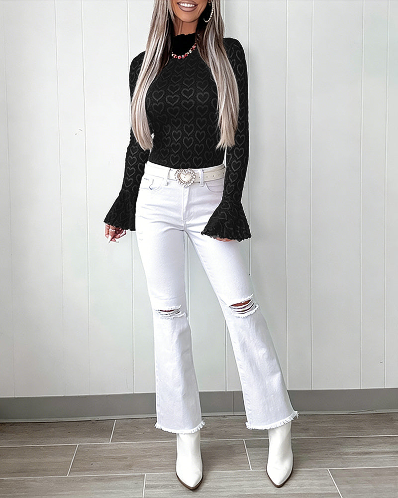 CHICME Women's Heart Jacquard Knit Top Mock Neck Long Sleeve Flare Cuff Slim Fit Blouse with Frill Trim and Hollow-out Details